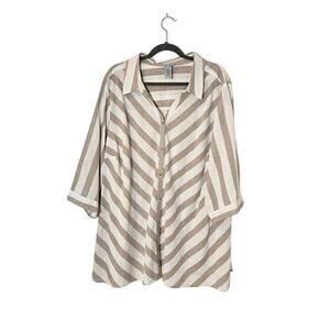 Catherines Womens Linen Cotton Top Size 3X Tan Striped Neutral Preppy